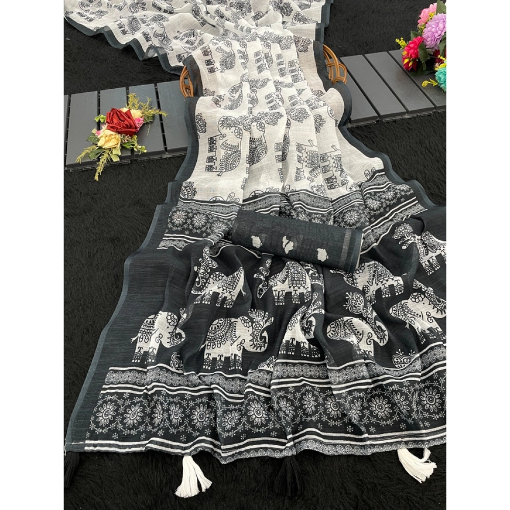 Cotton Linen Elephant Print Saree