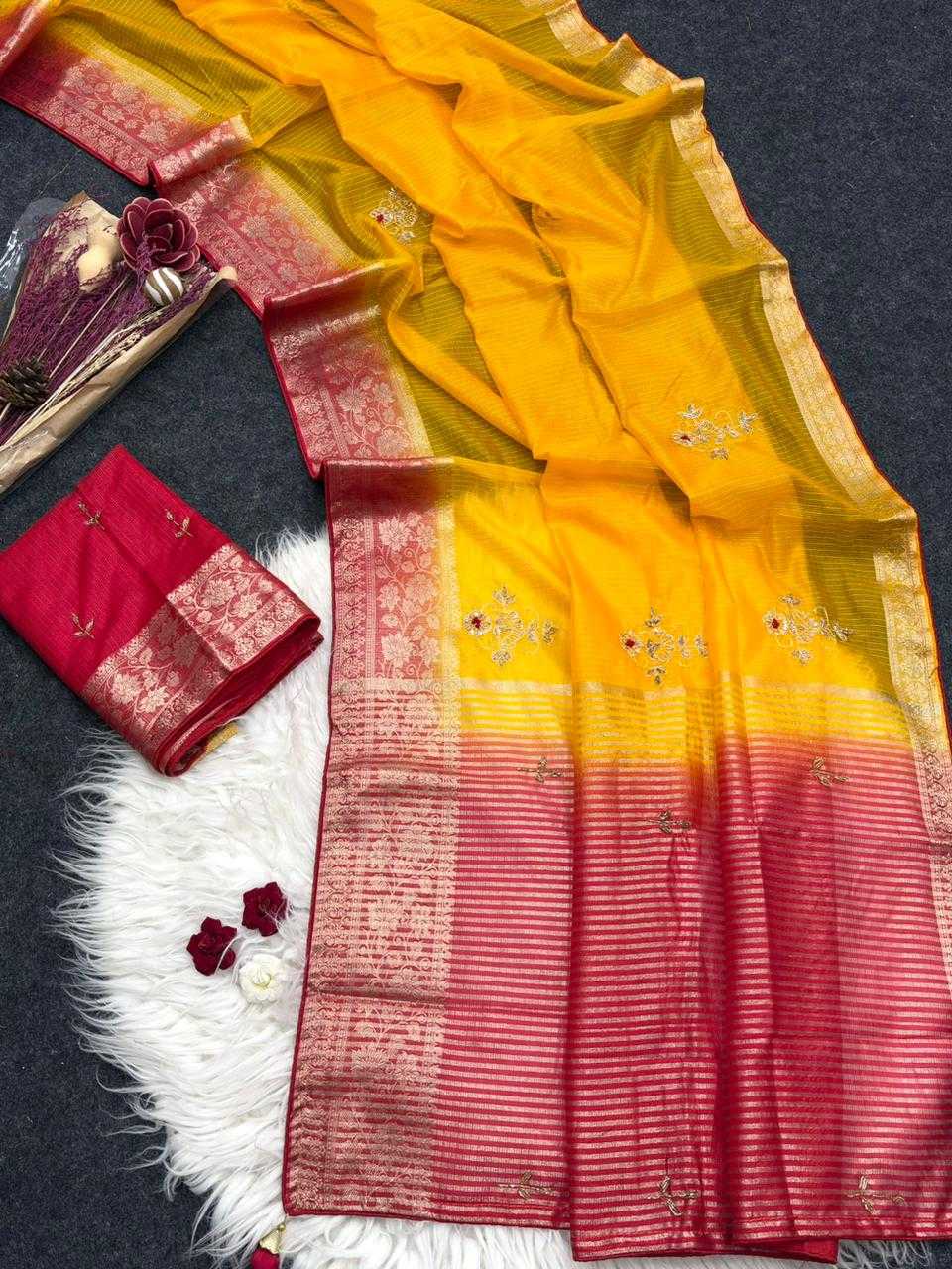Yellow Chanderi Silk Zari Embroidery Saree