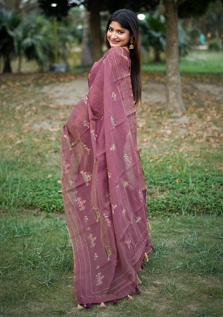 Purple Solid Tussar Silk Saree